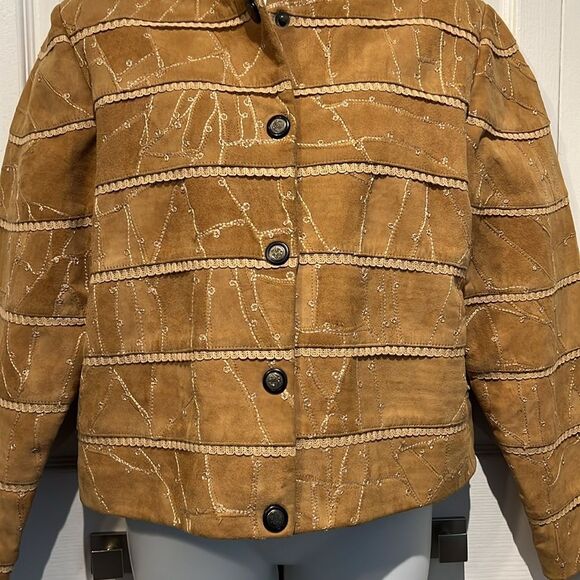 Kroshetta Tan/Camel Suede Cropped Patchwork Jacket Size M - Picture 3 of 14